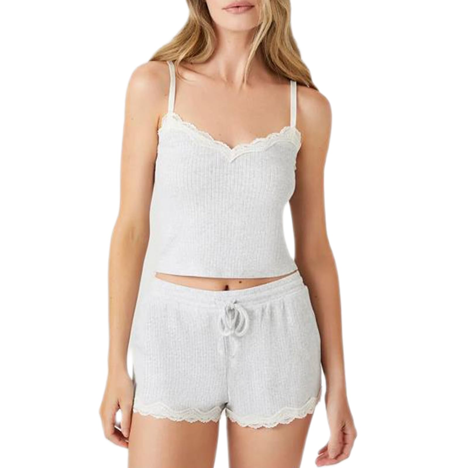 Women Sexy 2 Piece Pajama Set Sleeveless Lace Trim Crop Cami Top and Shorts Pj Set Y2K Sleepwear Lounge Outfits