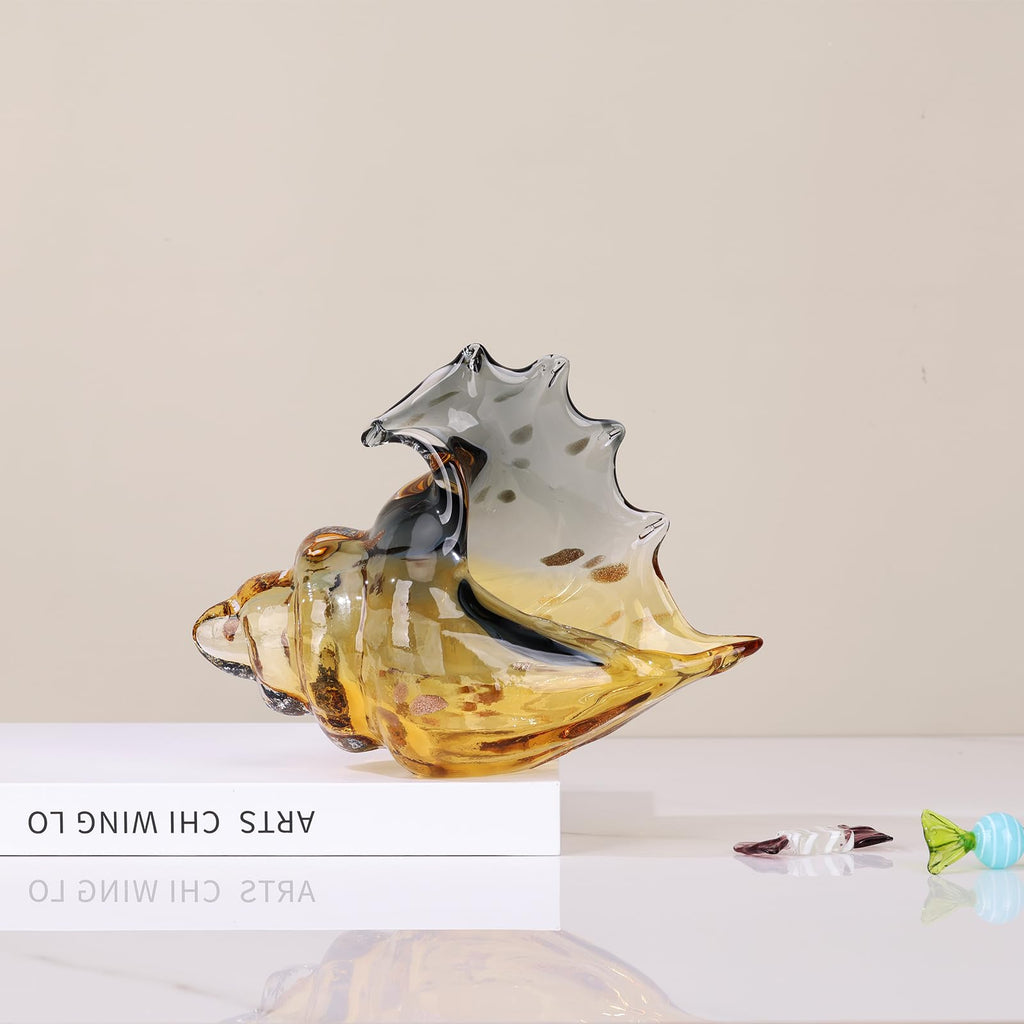 Hand Blown Glass Conch - Coastal Home Decor Conch Corners, Glass Art Conch Sculptures, Office Decor Blown Glass Art, Living Room Table Centerpieces, Bathroom Shelf Tops And Cabinet Decor