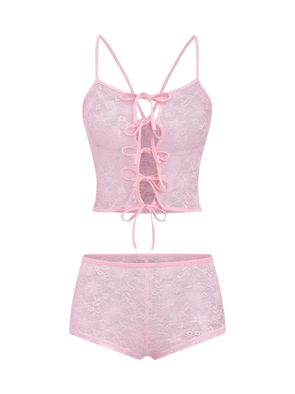 Women's Floral Lace 2 Piece Outfits Tie Front Crop Cami Top with Mini Shorts