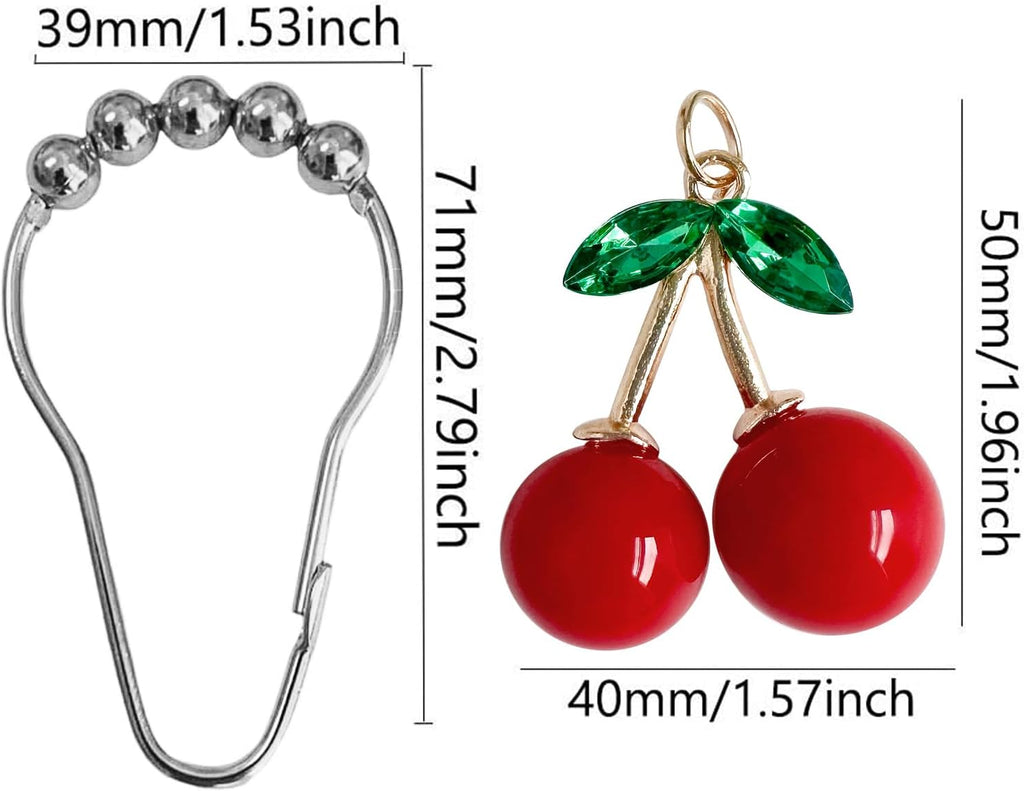 Cherry Bathroom Decor Curtain Hooks Rings for Bathroom Shower Rod (12pcs) - Rust Proof Metal Stainless Steel Curtain Ring Red Cherry Pendant Decoration