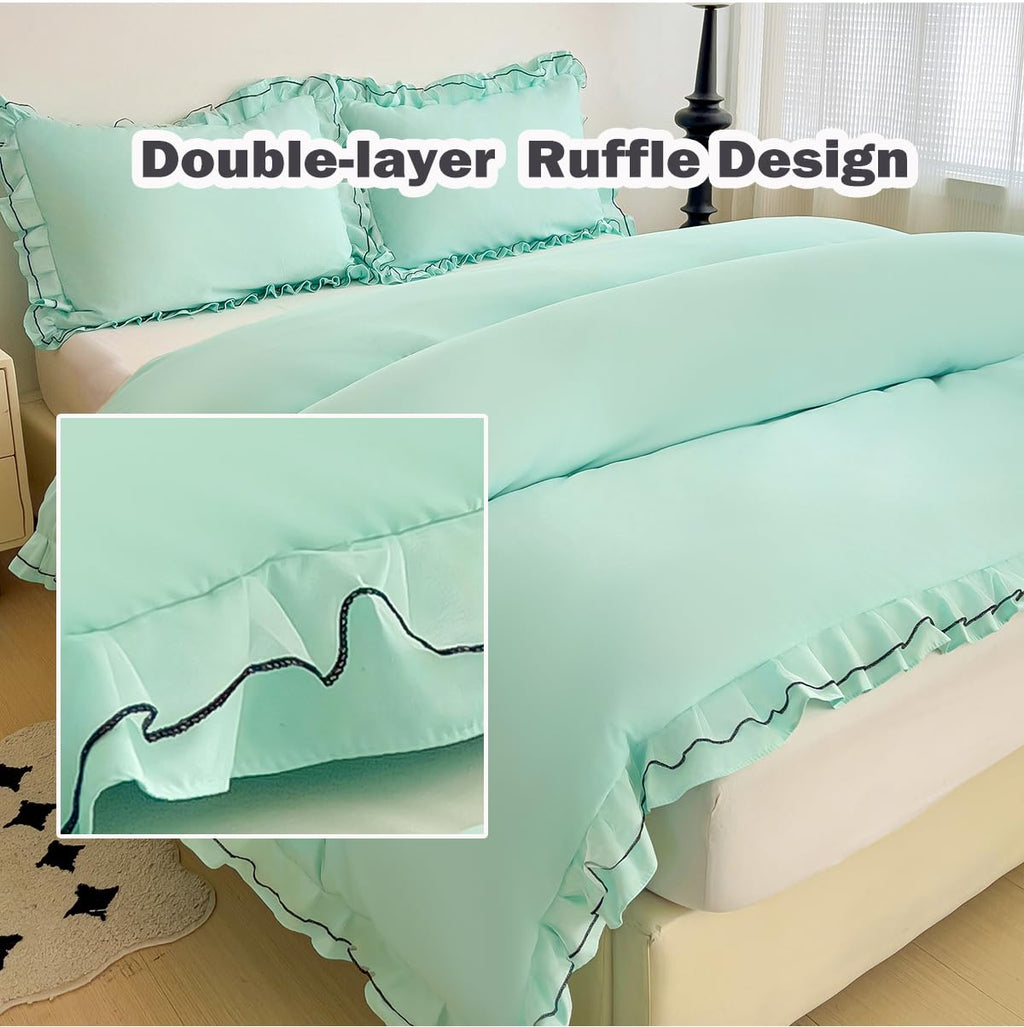 Chic Lace Bedding Set with Double Ruffle - 3 Pieces Luxury Princess Style Comforter Cover Soft Breathable