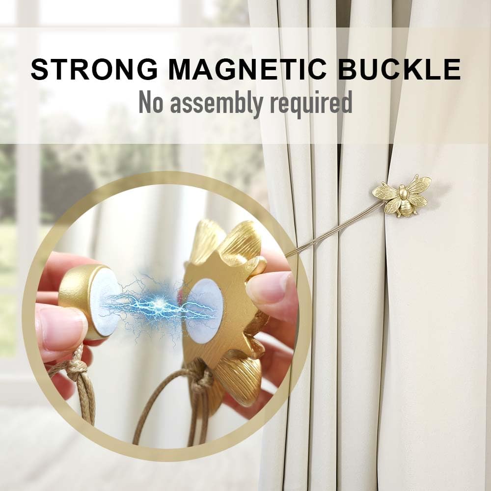 Set of 2 Resin Magnetic Curtain Tiebacks Golden Flying Bee Curtain Holders, Decorative Curtain Ties for Drapes