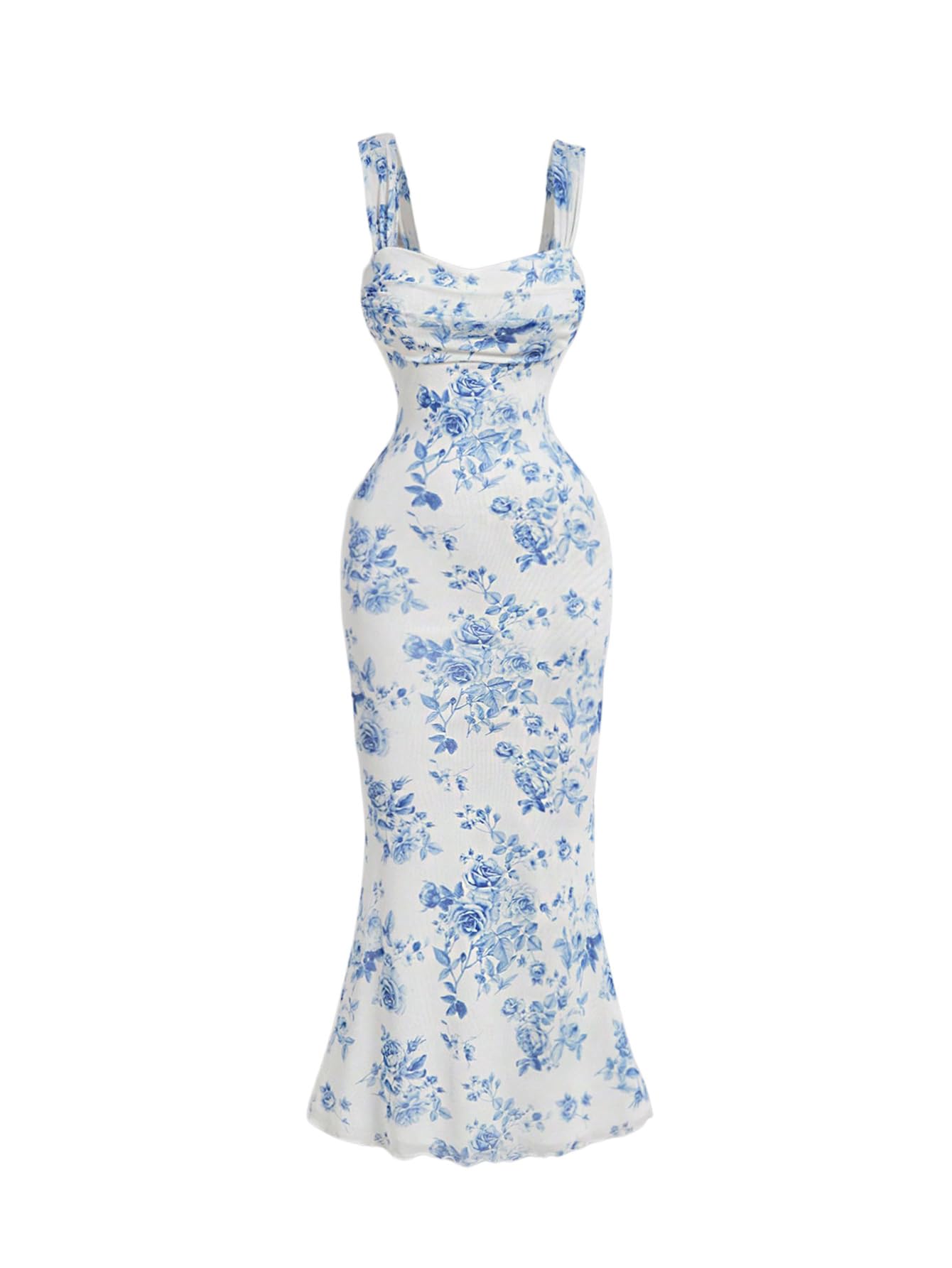 Women's Floral Ruched Bodycon Summer Wedding Guest Dress Mesh Fishtail Cocktail Midi Sun Dresses