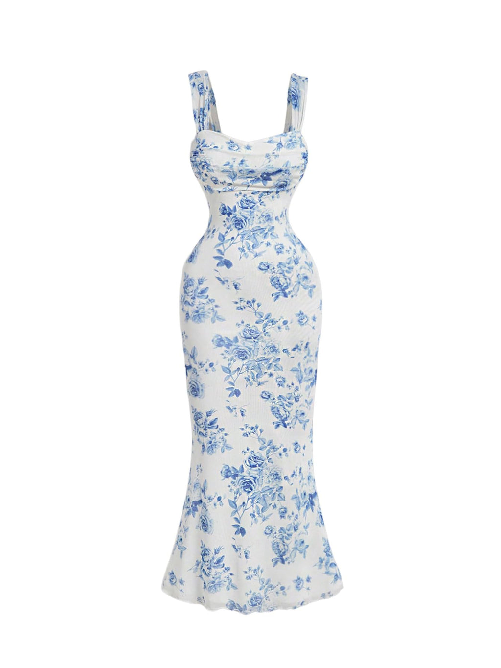 Women's Floral Ruched Bodycon Summer Wedding Guest Dress Mesh Fishtail Cocktail Midi Sun Dresses