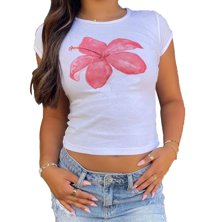Women Hawaii Baby Tees Y2K Short Sleeve Crewneck Aesthetic Graphic Slim Fit Crop Tops