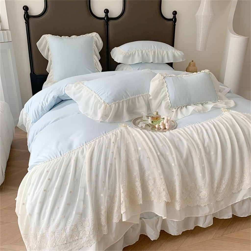 Lace Duvet Cover - Chiffon Ruffled Beddding Set with Flower, 3 Pieces Comforter Cover Set with Zipper Closure and Pillowcase