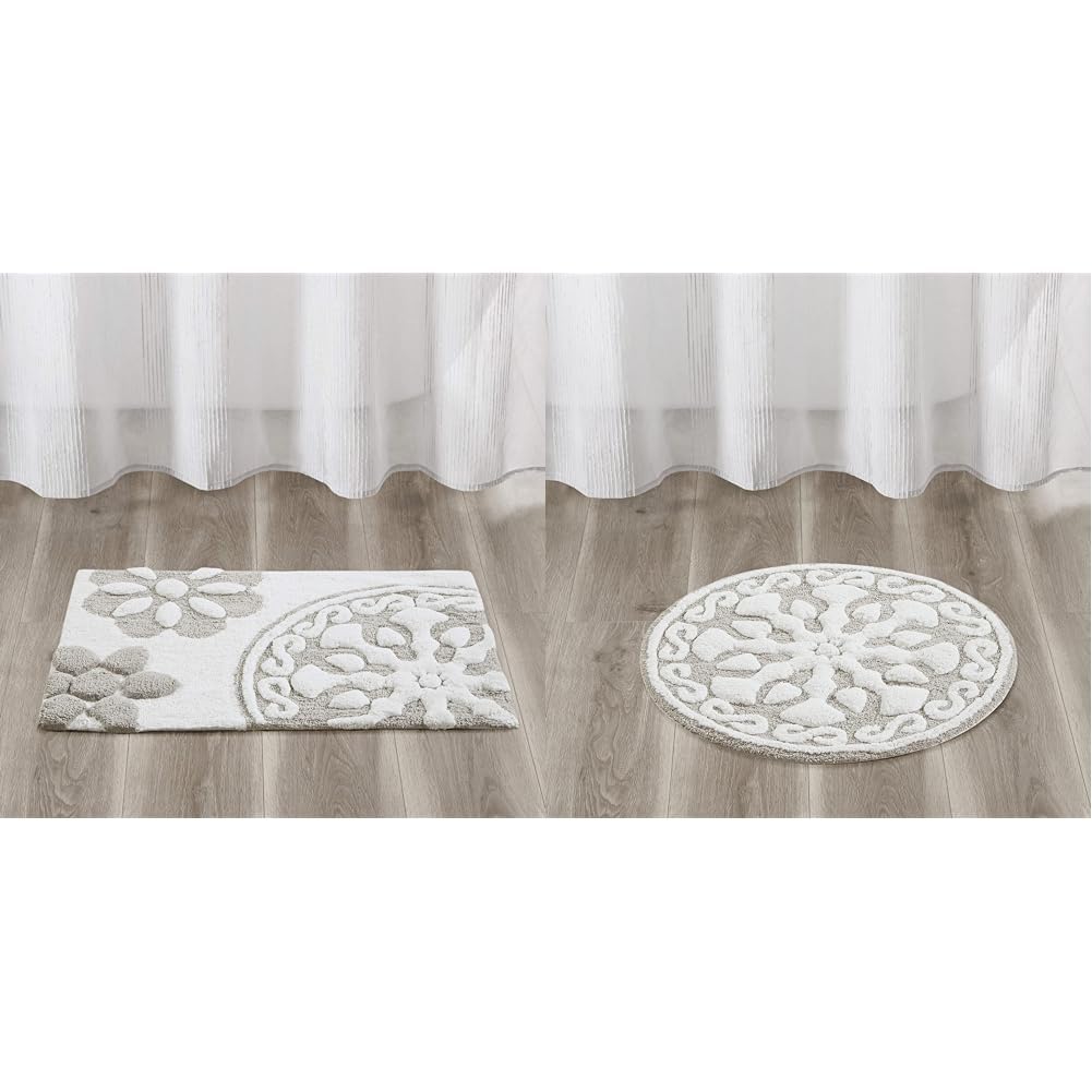 Medallion Floral Pattern Bath Mat 100% Cotton Tufted Bathroom Rugs Luxurious Plush Absorbent, Quick Dry