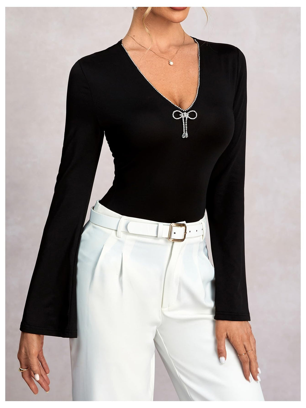 Women's Sparkly Rhinestone V Neck T Shirt Bell Long Sleeve Fitted Going Out Tops