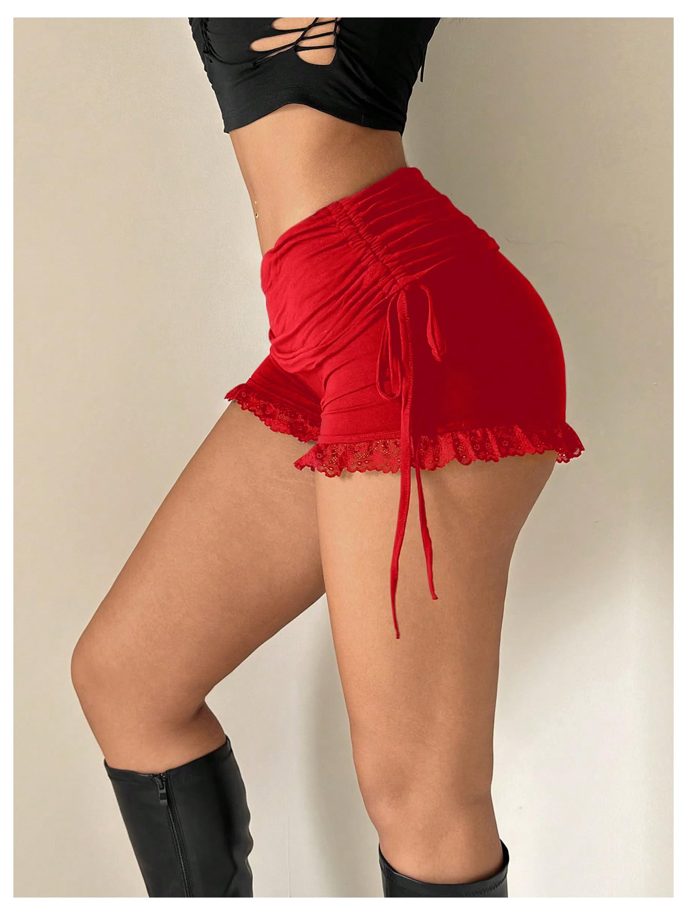 Women's Side Drawstring Lace Ruffle Shorts Y2K Ruched Low Rise Mini Stretchy Slim Fit Micro Shorts