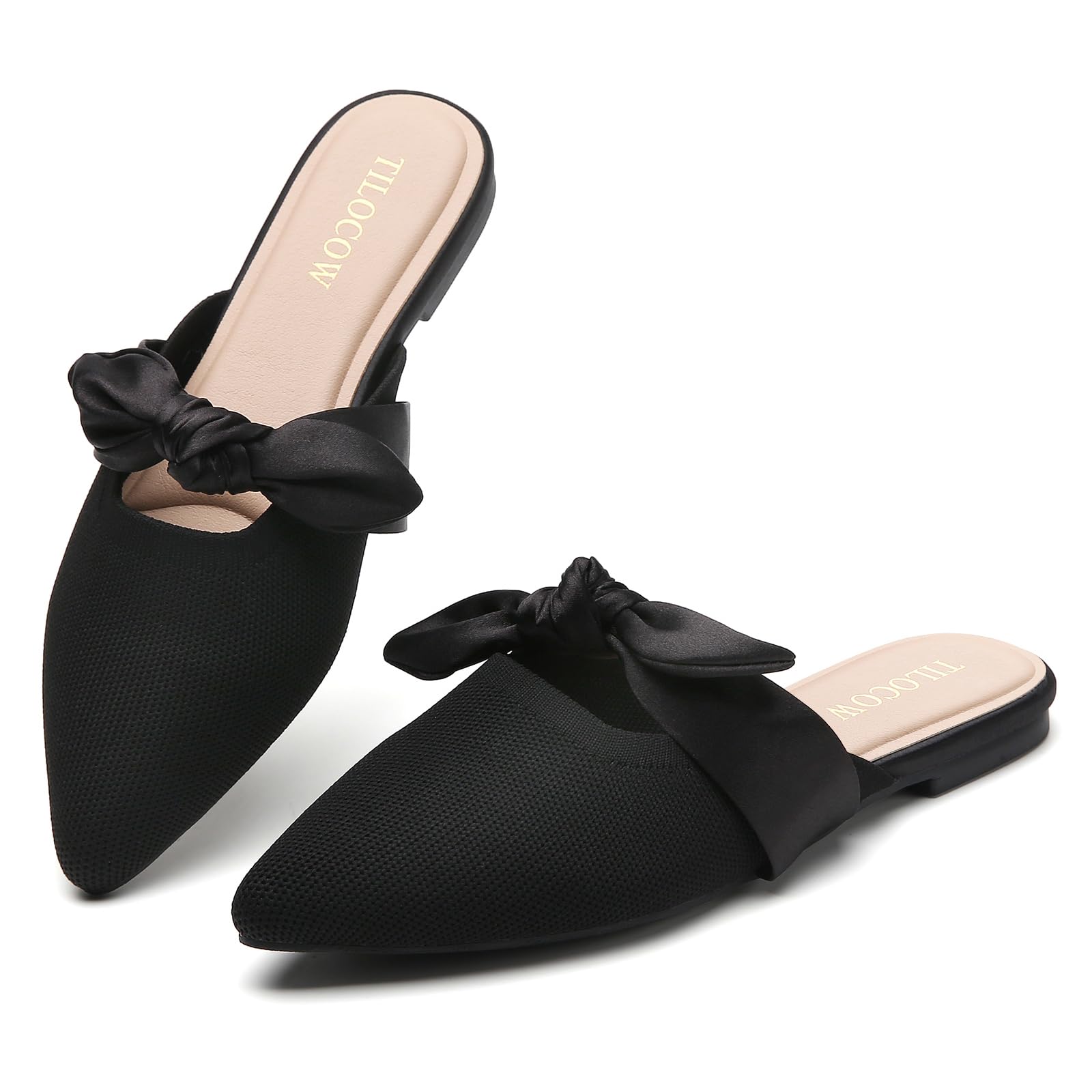 Knotbow Mules for Woman Pointed Toe Flats Bow Mules Slip On Slides Flats Shoes Women Dressy Comfortable