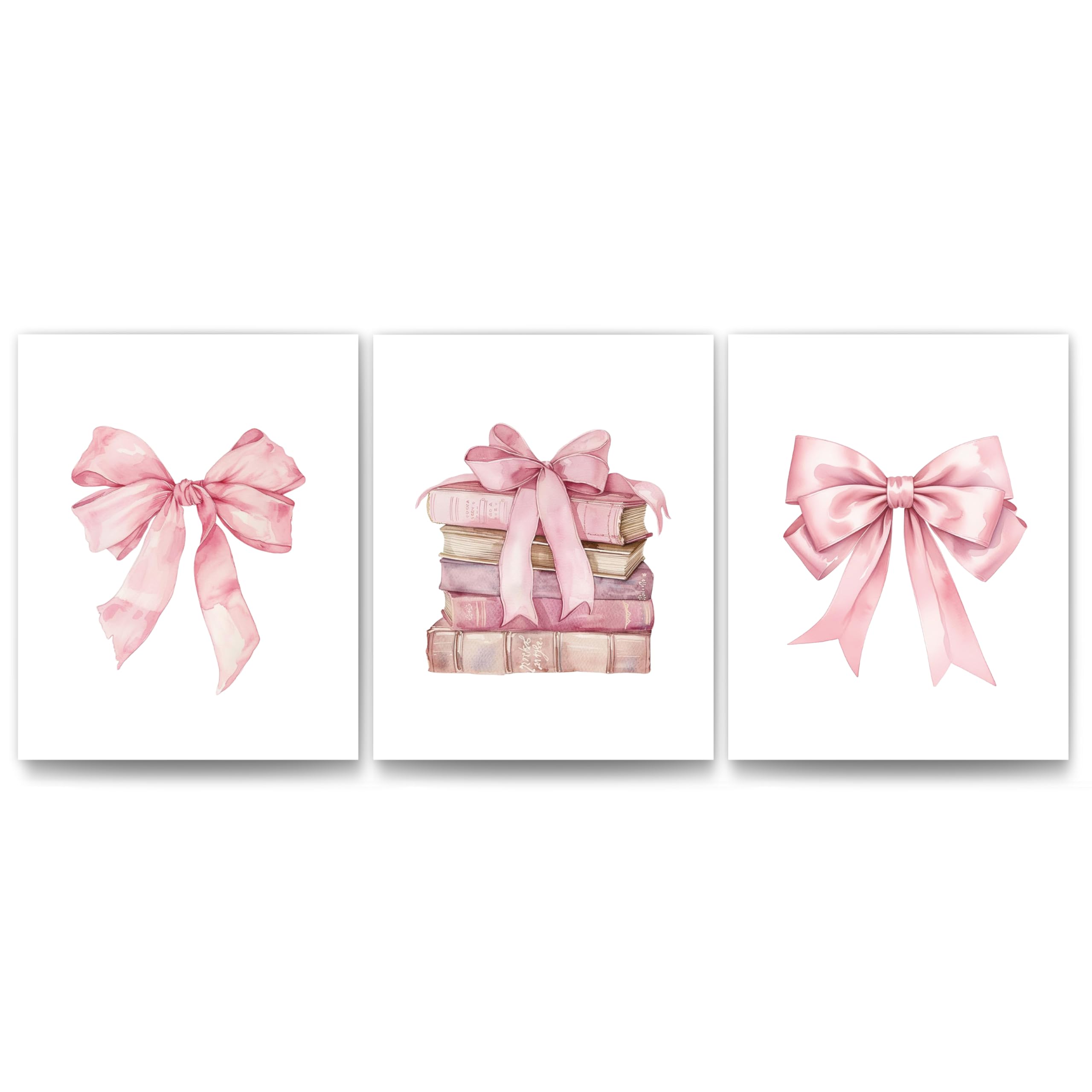 Coquette Pink Bow Girly Books Wall Art Prints Set of 3, 8x10 Unframed