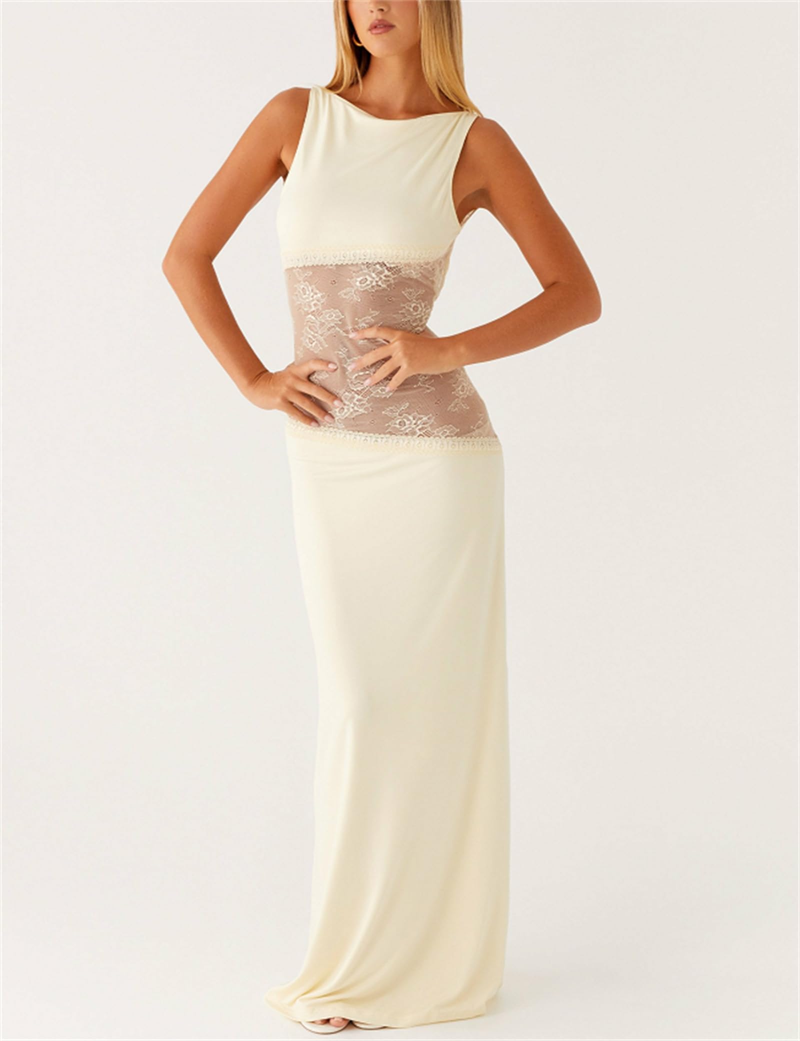 Women Sexy Hollow Out Maxi Dress Sleeveless Backless Lace Pachwork Bodycon Long Dress Y2k Dress