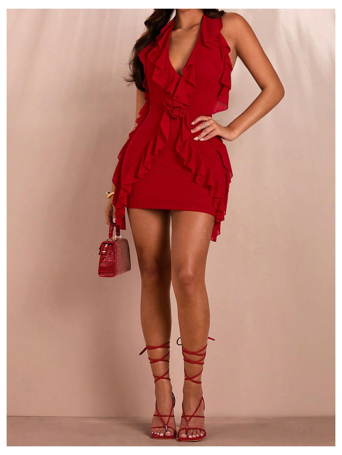 Women's 3D Floral Ruffle Trim Bodycon Mini Dresses Halter V Neck Sleeveless Cocktail Party Dresses