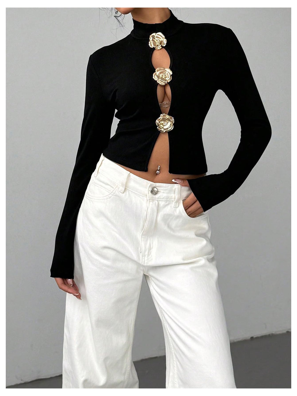 Women's Metallic 3D Floral Cut Out Tee Shirt Long Sleeve Mock Neck Crop Top