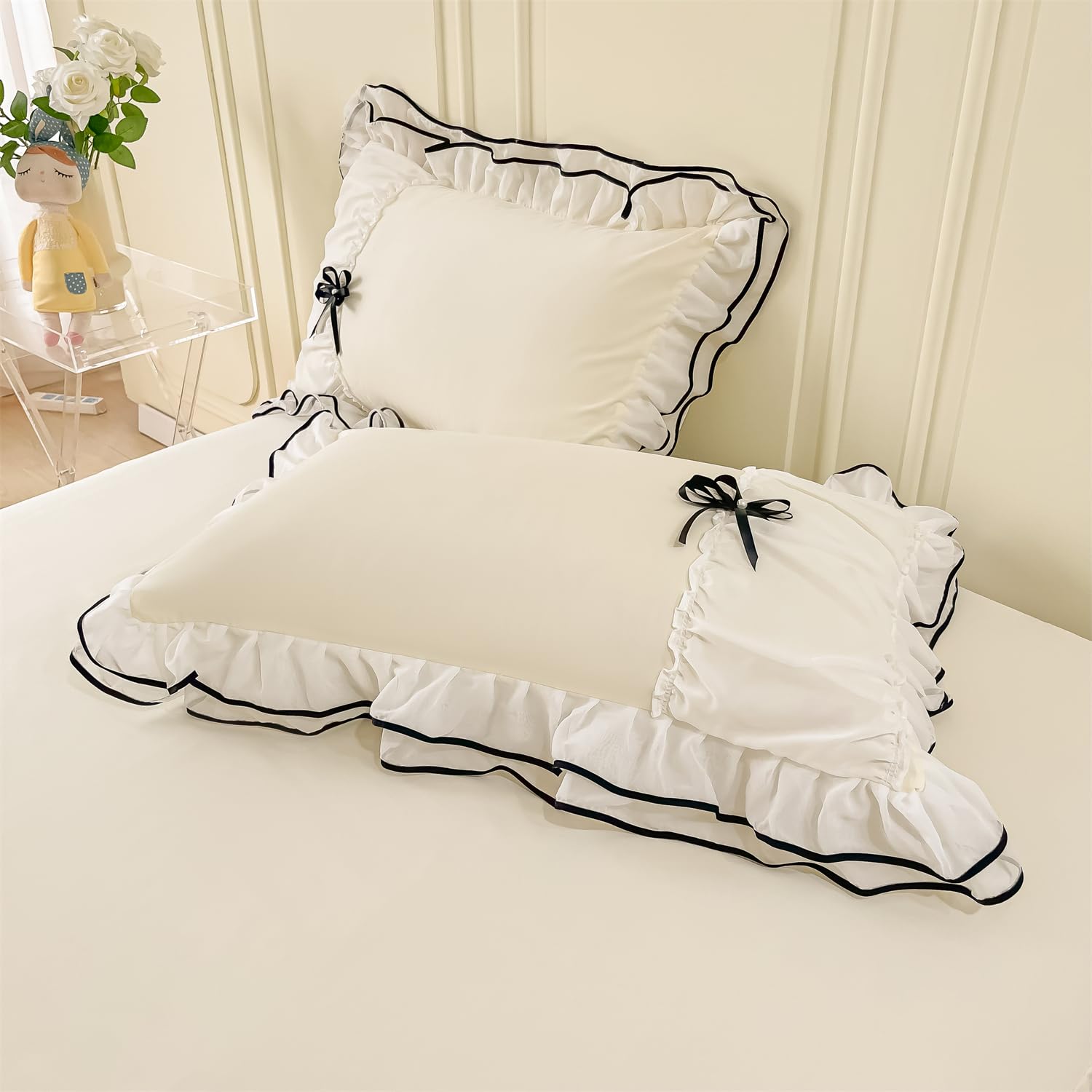 Duvet Cover Ruffle Beddding Set with Bowtie - 3 Pieces Comforter Cover Set with Zipper Closure & Pillowcase - Comforter Not Included