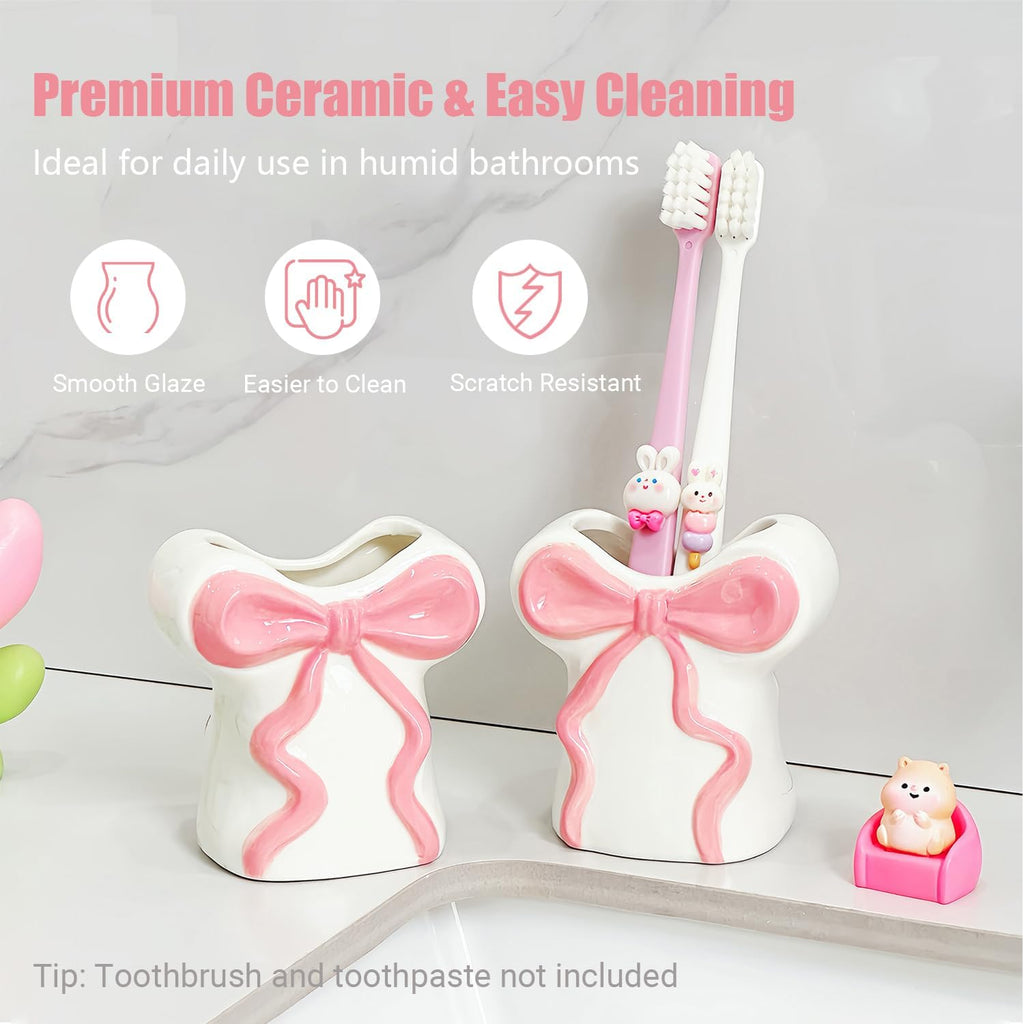Cute White Ceramic Bow Toothbrush Holder - Bathroom Countertop Organizer with Pink Bow, Personalized Countertop Decor Accessories