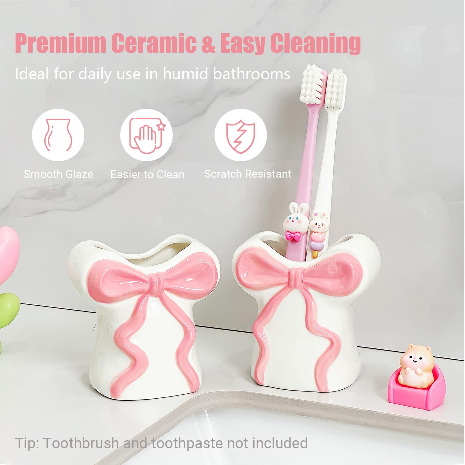 Cute White Ceramic Bow Toothbrush Holder - Bathroom Countertop Organizer with Pink Bow, Personalized Countertop Decor Accessories