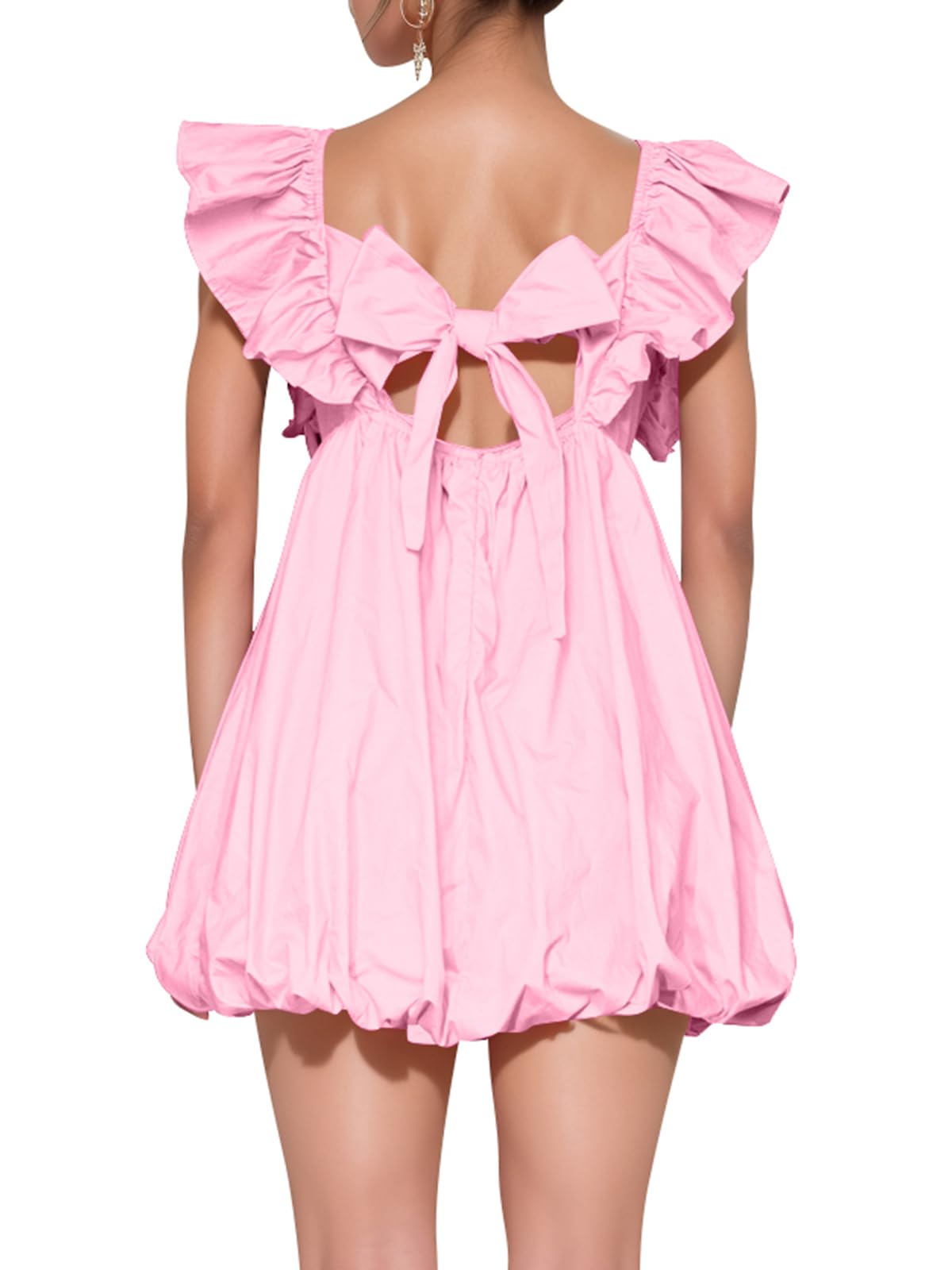 Summer Mini Deep V-Neck Babydoll Dress â€?Backless Lace-Up Sexy Bubble Dress