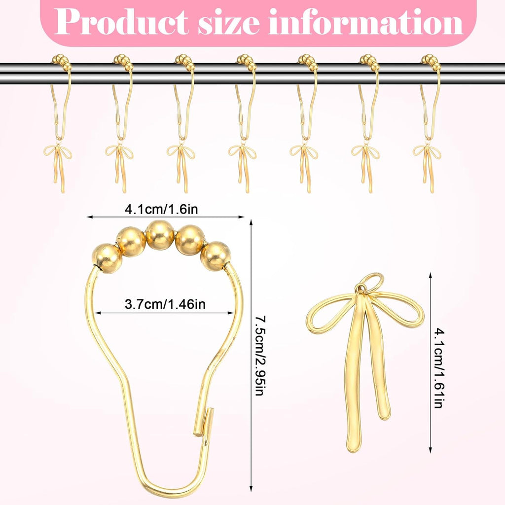 Gold Bow Knot Shower Curtain Hooks Rustproof Metal Decorative Bow Knot Shower Hangers Bulk Glide Curtain Rings 12 Pcs