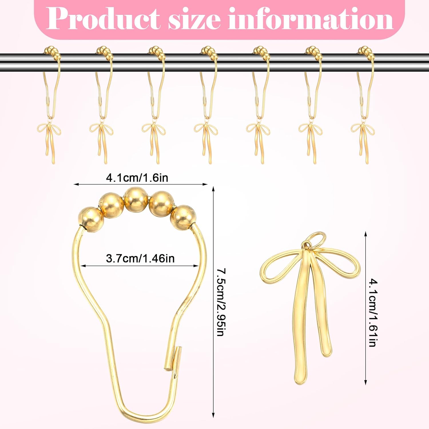 Gold Bow Knot Shower Curtain Hooks Rustproof Metal Decorative Bow Knot Shower Hangers Bulk Glide Curtain Rings 12 Pcs