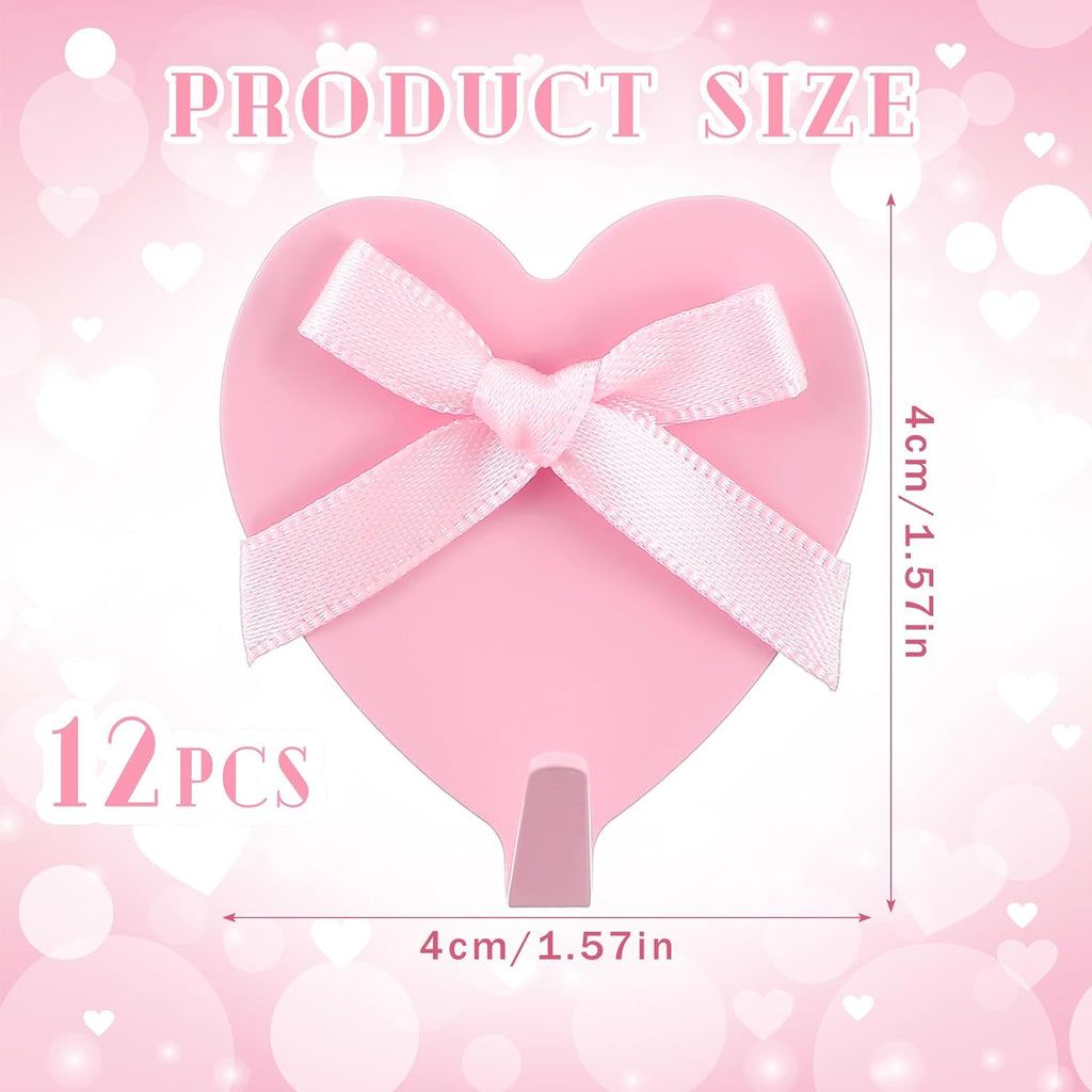Pink Bow Hooks for Wall Heart Shaped Coquette Wall Decor Stainless Steel Strong Adhesive Hook for Bedroom Home Kitchen Bathroom 12 Pcs