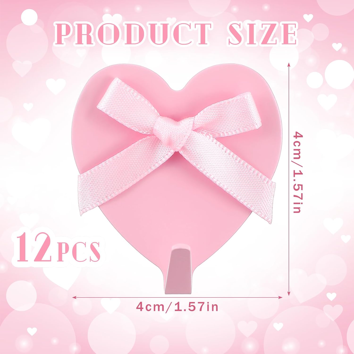 Pink Bow Hooks for Wall Heart Shaped Coquette Wall Decor Stainless Steel Strong Adhesive Hook for Bedroom Home Kitchen Bathroom 12 Pcs