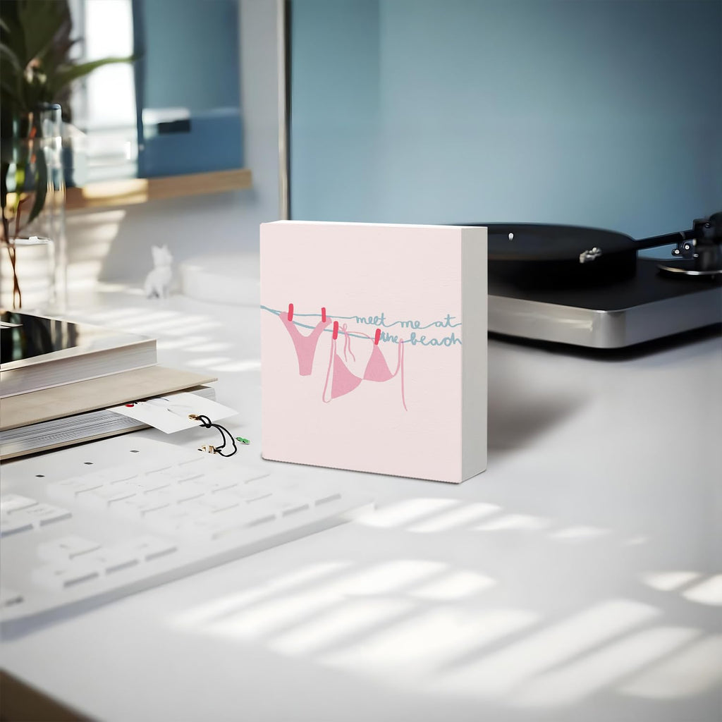 Coquette Pink Bow Champagne Wooden Box Sign, 5x5 Inch