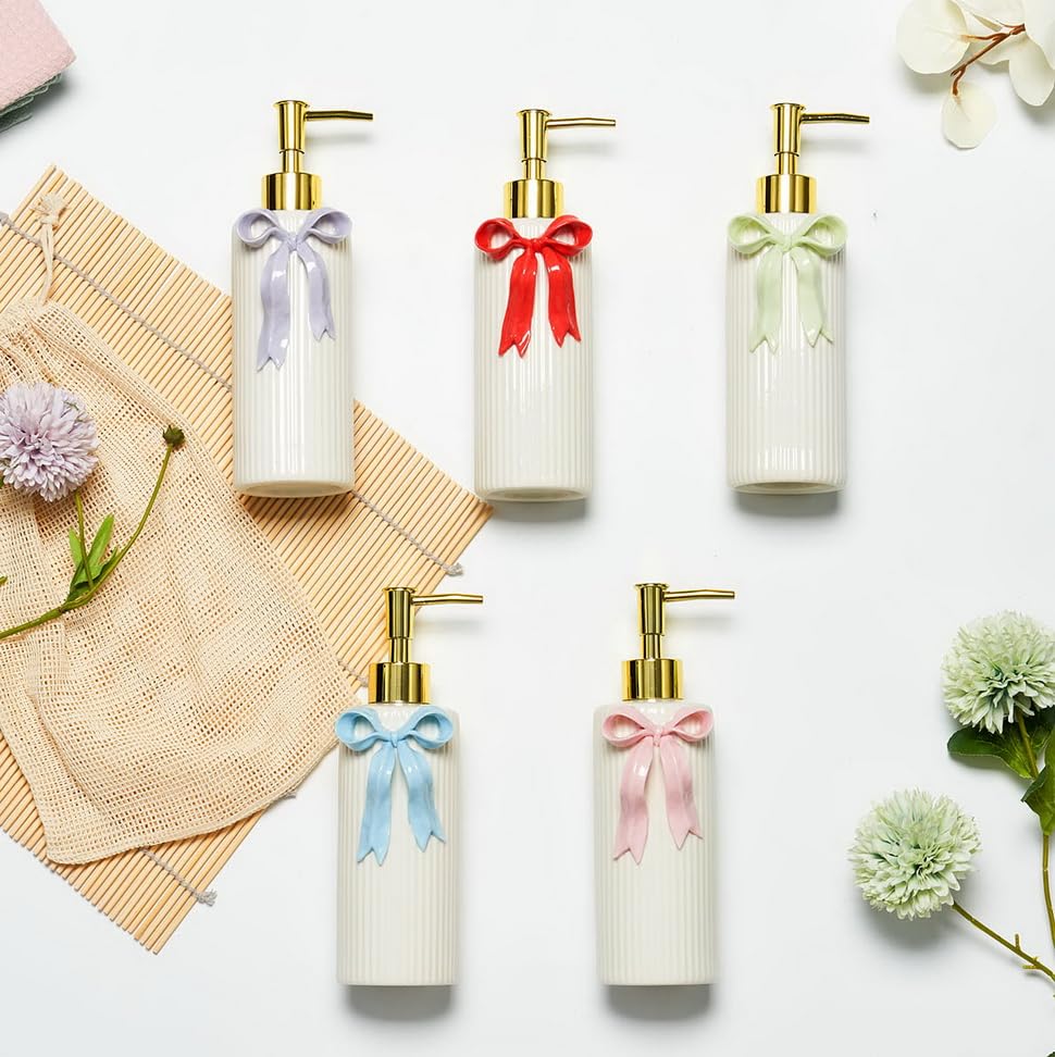 Handmade Ceramic Bow Soap Pump Dispenser Hand Lotion Liquid Dispenser Refillable for Kitchen and Bathroom Decorative