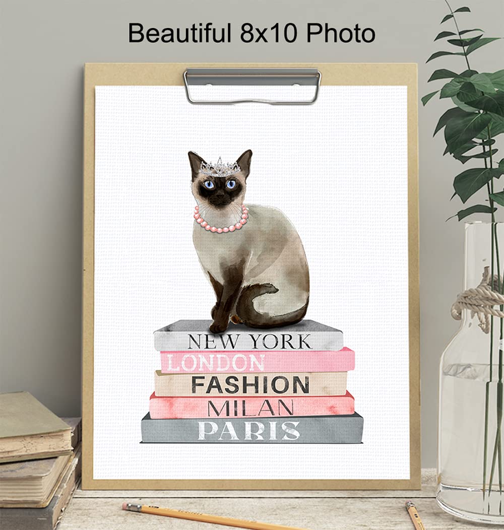Fashion Glam Siamese cat Wall Decor for Living room, Bedroom - Glamour Couture Cute Kitty Gift for Woman, Girl - Designer Decoration