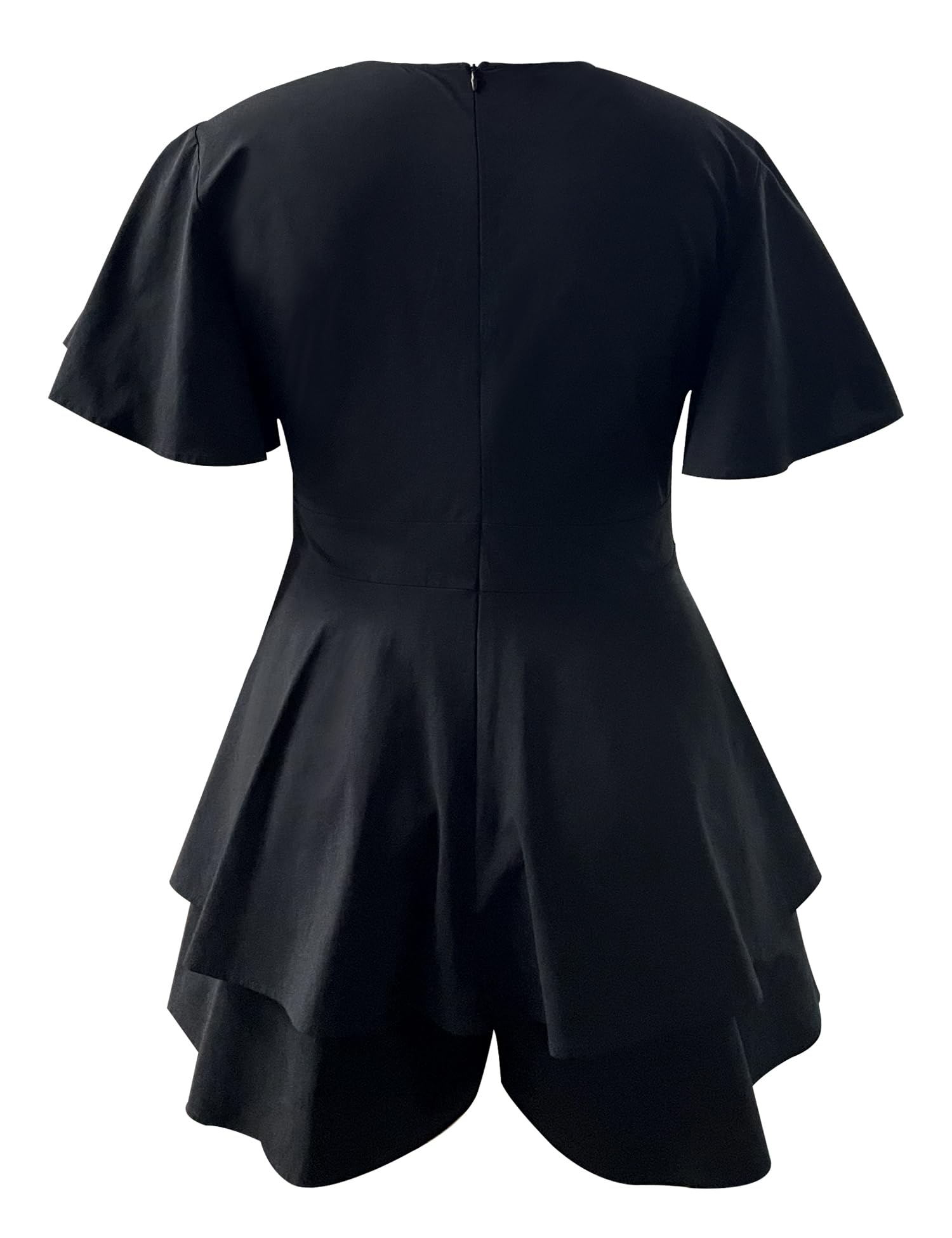 Women's Floral Rompers Jumpsuits V Neck Short Baggy Sleeve Waist Tie Double Layer Ruffle Hem Romper