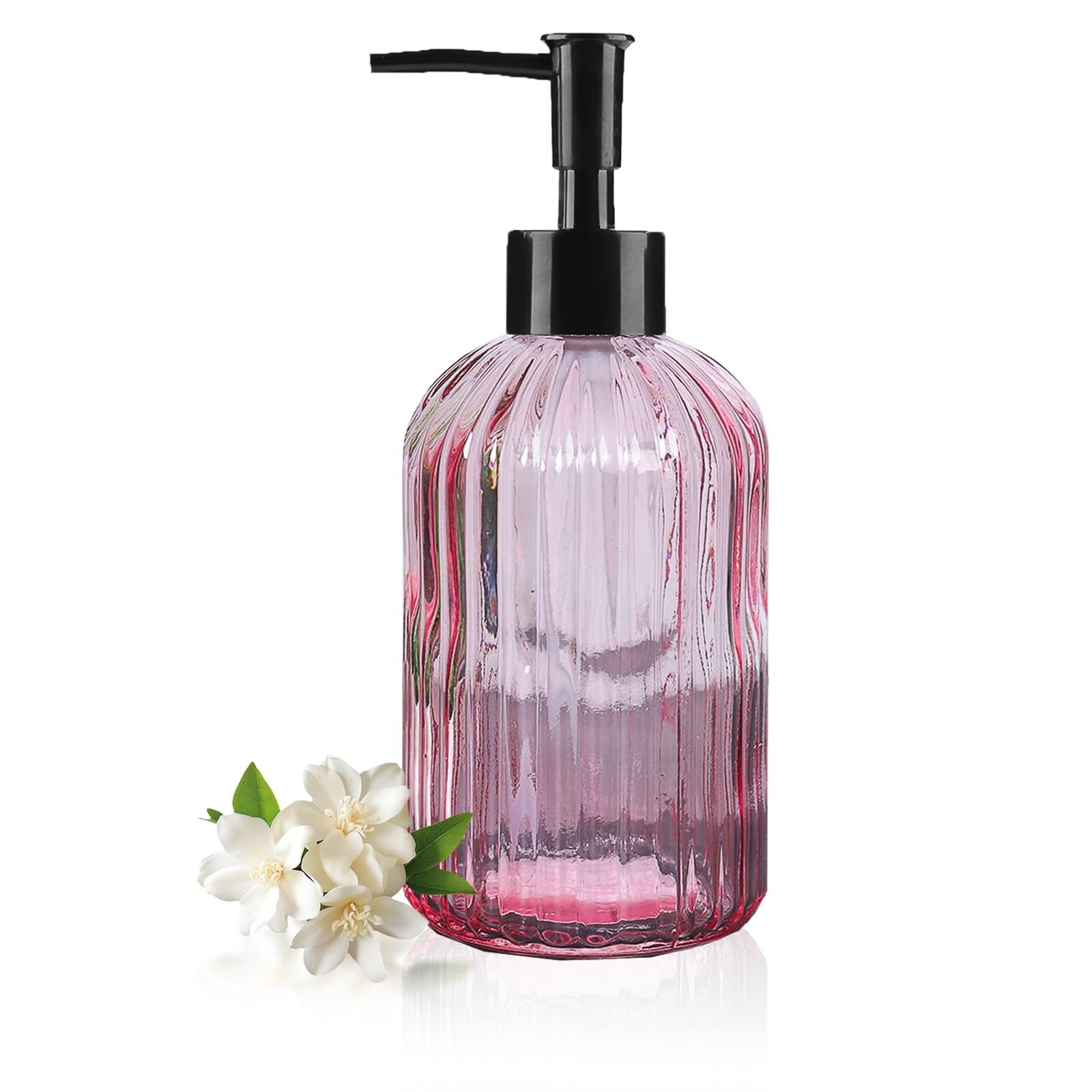 Pink Clear Glass Soap Dispenser 13 Oz/400ml, Striped Transparent Liquid Hand Soap Dispenser for Kitchen & Bathroom