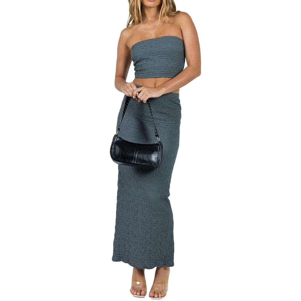Women Y2K 2 Piece Long Skirt Set V Neck Halter Crop Top Off Shoulder Slim Fit Tube Top Split Maxi Skirts Outfit
