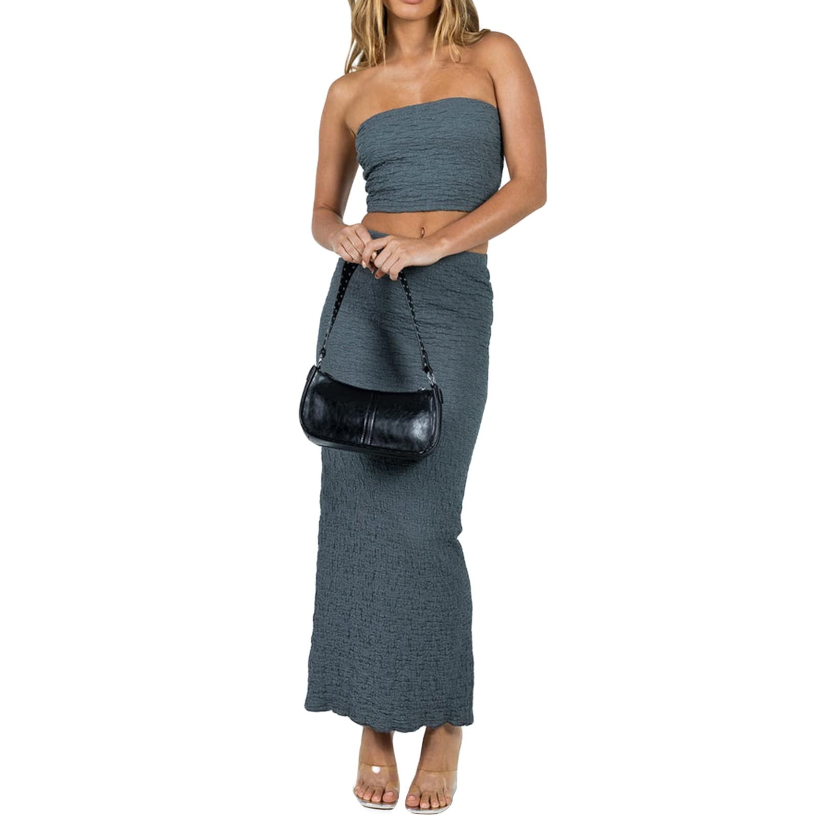 Women Y2K 2 Piece Long Skirt Set V Neck Halter Crop Top Off Shoulder Slim Fit Tube Top Split Maxi Skirts Outfit