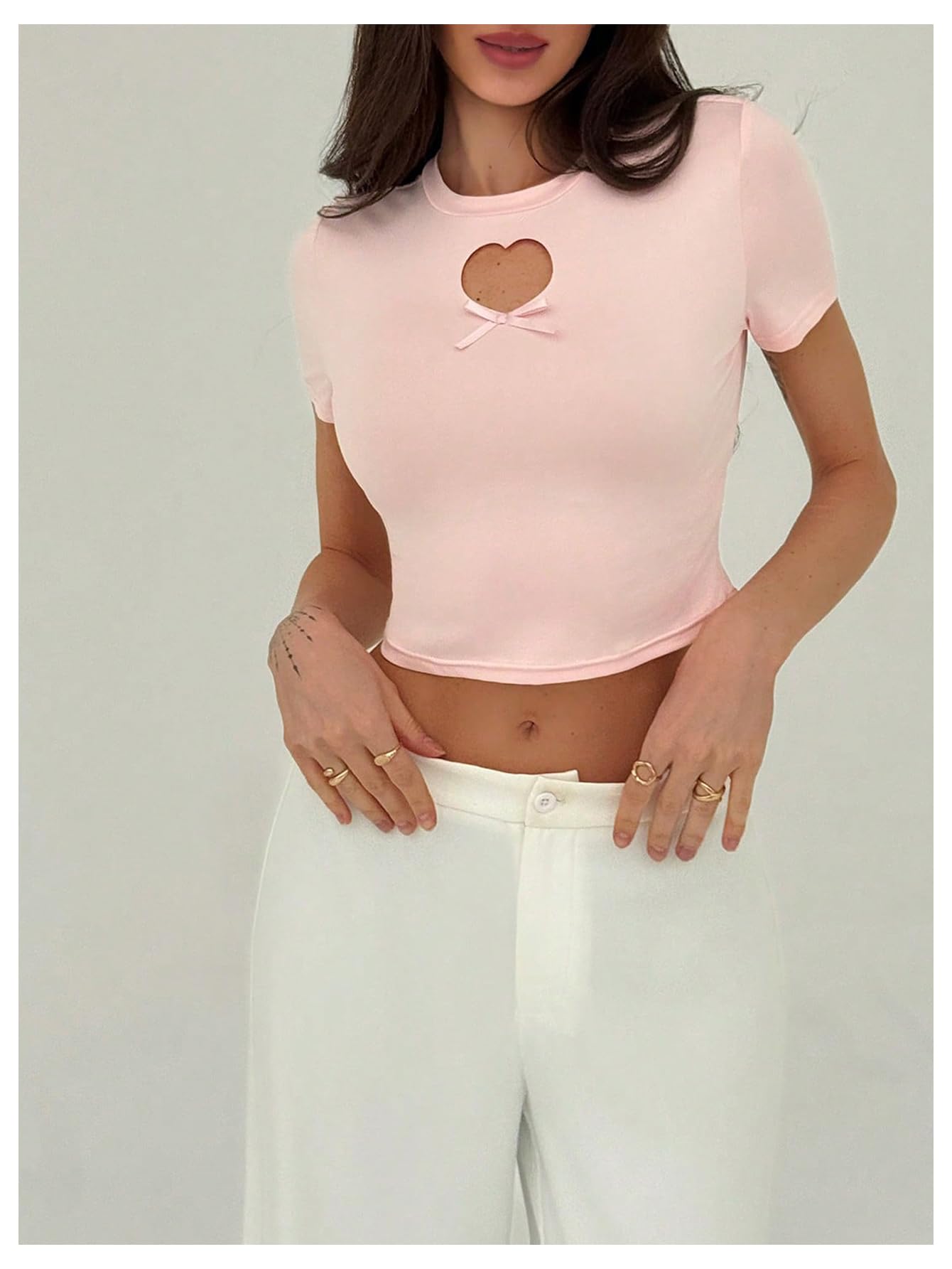 Women's Y2k Crop Tops Short Sleeve Shirts Heart Cutout Bowknot Fitted Going Out T-Shirt