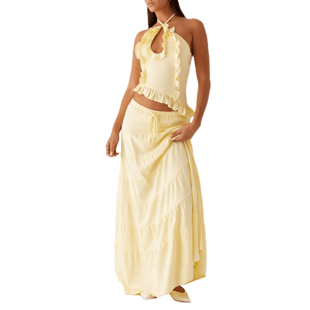 Womens 2 Piece Maxi Skirt Set Y2k Halter Ruched Cami Top Tiered Flowy Ruffle Skirt Outfit