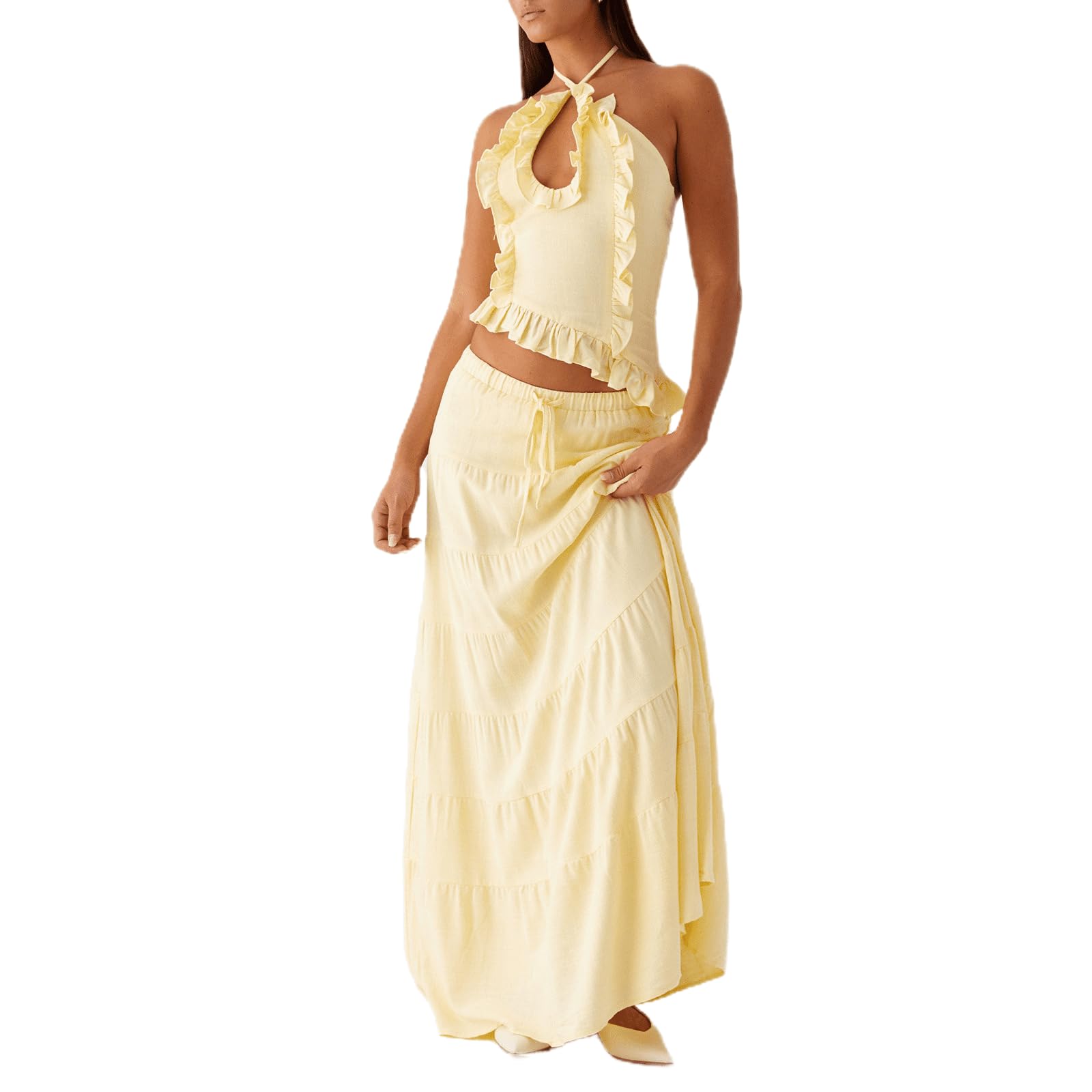 Womens 2 Piece Maxi Skirt Set Y2k Halter Ruched Cami Top Tiered Flowy Ruffle Skirt Outfit