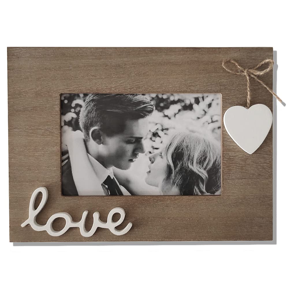 Love Picture Frame with Heart for Table Top and Wall Mounting-Distressed Wooden Photo Frame HD Glass Inside