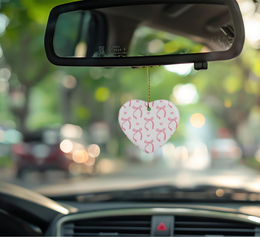 Coquette Trendy Pink Bow Ornament, Keepsake Sign for Decoration, Ceramic Heart