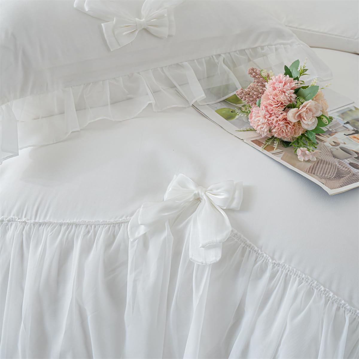 Ruffle Duvet Cover Bedding Set with Bowtie, 2 Pieces Comforter Cover Set with Zipper Closure with Pillowcase