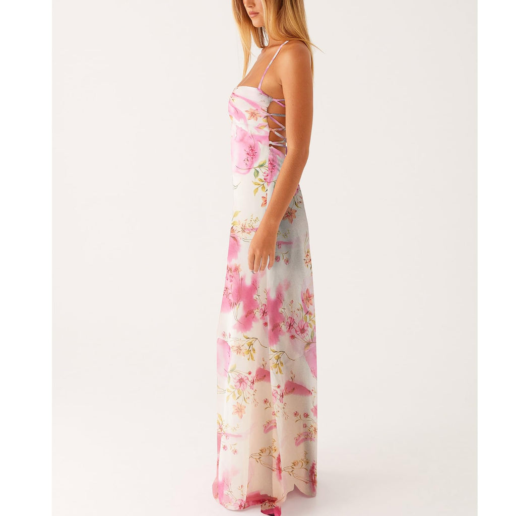 Women Floral Slip Dress Spaghetti Strap Maxi Dress Backless Slim Fit Long Dresses Flowers Print Going Out Dress