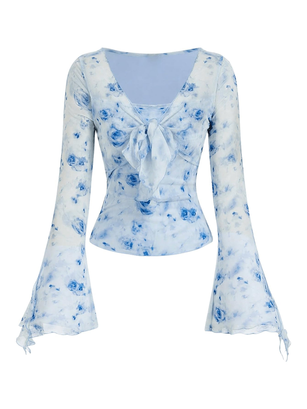 Verdusa Women's Floral Print Mesh Bell Sleeve Tie-Front Top with Lettuce Trim