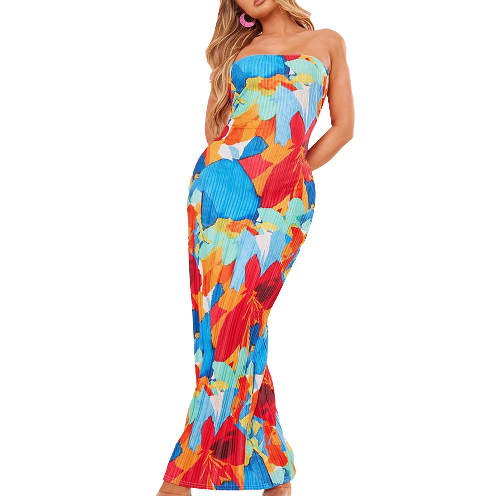 Women Y2k Floral Strapless Dress Sexy Backless Tube Maxi Dress Sleeveless Mesh Bodycon Long Dress
