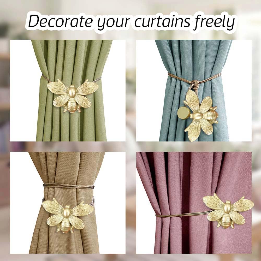 Set of 2 Resin Magnetic Curtain Tiebacks Golden Flying Bee Curtain Holders, Decorative Curtain Ties for Drapes