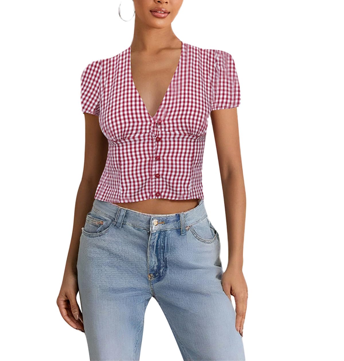 Y2k Fairy Plaid Button Down T Shirts Women Short Sleeve V Neck Aesthetic Tee Shirts Slim Fit Gingham Crop Top