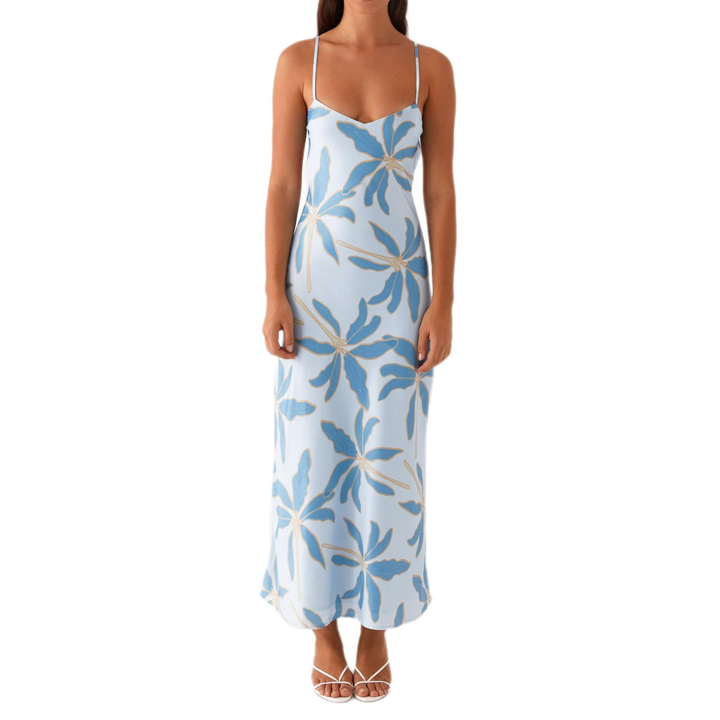 Women Floral Slip Dress Spaghetti Strap Maxi Dress Backless Slim Fit Long Dresses Flowers Print Going Out Dress