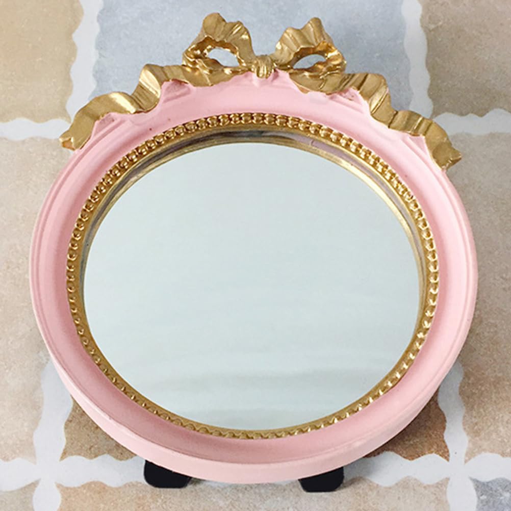 Round Portable Makeup Mirror with Bowknot Design Elegant Resin Small Mirror