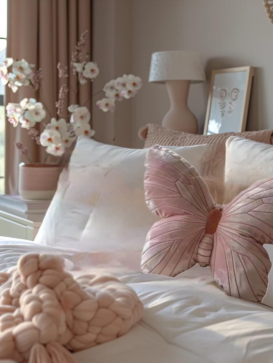 Butterfly Throw Pillow, Pink Butterfly-Shaped Glitter Velvet Stuffed Cushion Shiny Spring Decorative Animal Pillow for Couch Living Room Bed (11.8"x11.8")