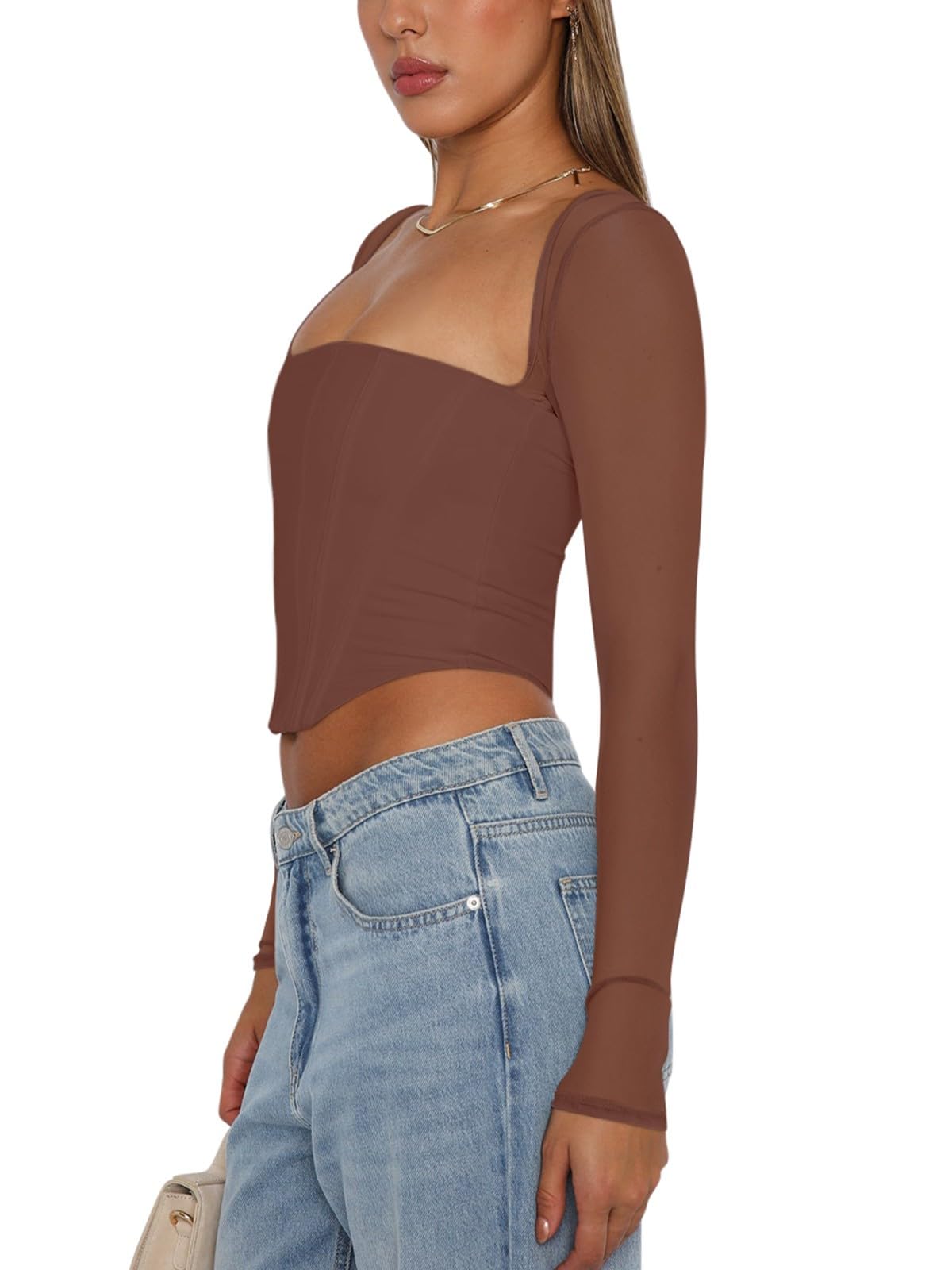Women's Sexy Sheer Long-Sleeve Corset â€?Y2K Square Neck, Cropped Party Top