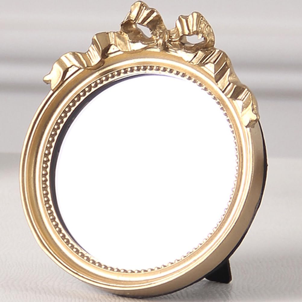 Round Portable Makeup Mirror with Bowknot Design Elegant Resin Small Mirror