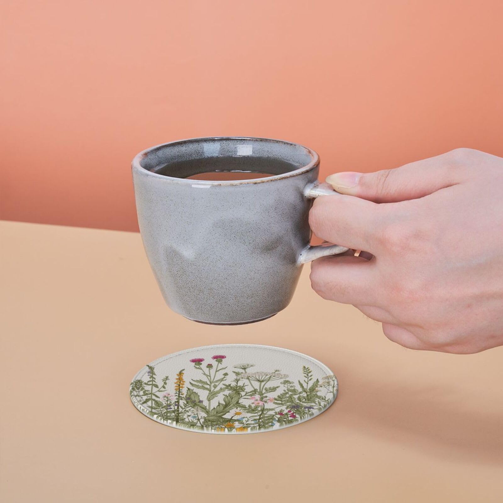 Coasters for Drinks Round Leather Coaster with Holder Set of 6 for Tabletop Protection